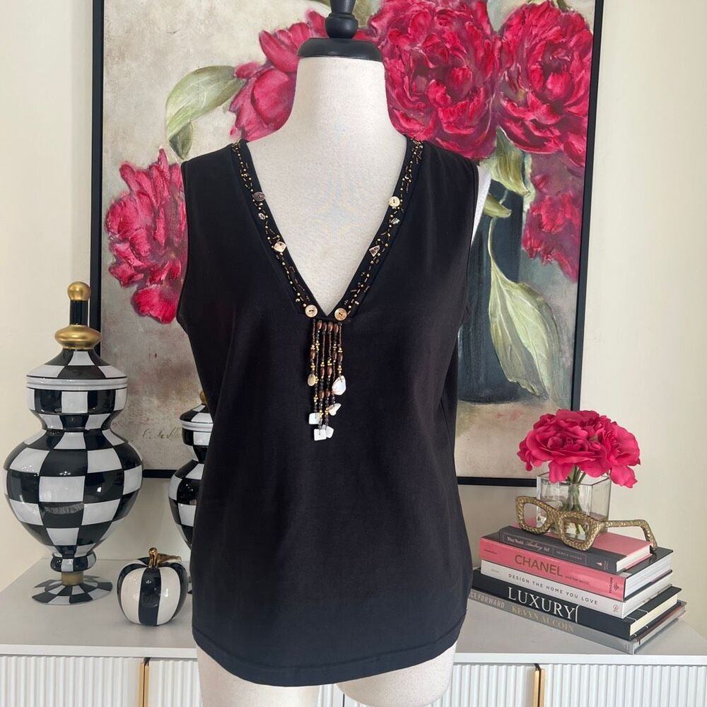 SPANNER Women's Beaded Deep V-Neck Sleeveless Stretch Cotton Blouse Black Large